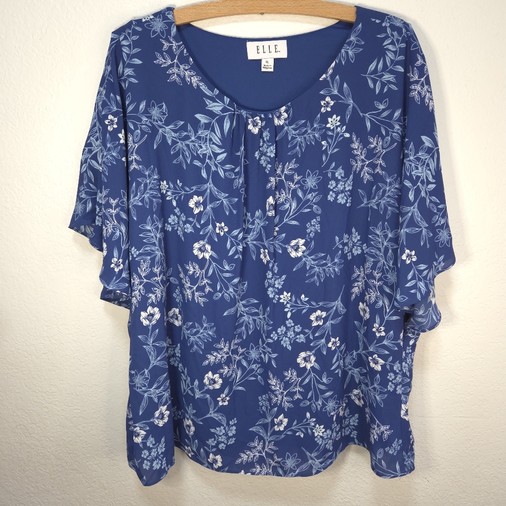 Elle Ladies Blue Floral Short Dolman Sleevess Size XL Blouse Round Neck